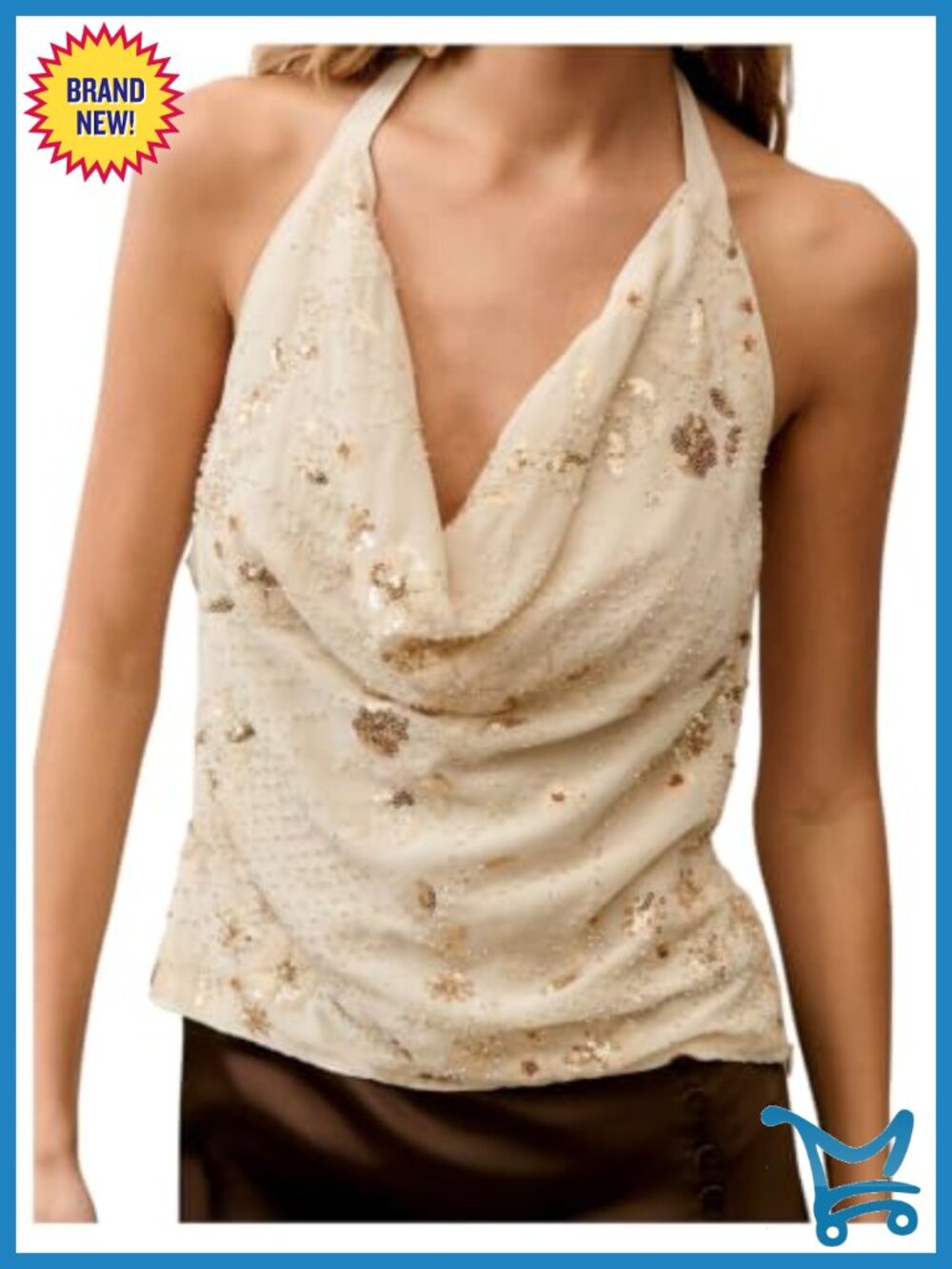 Sequin Sparkly Cowl Neck Halter Top Sexy Open Back Ruched Party Top
